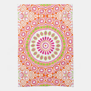 Fuchsia Orange and Green Vibrant Mandala Pattern Tea Towel