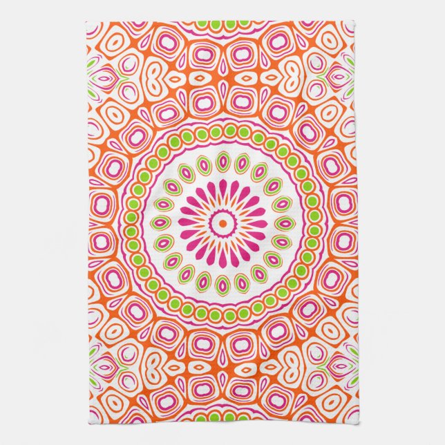 Fuchsia Orange and Green Vibrant Mandala Pattern Tea Towel (Vertical)