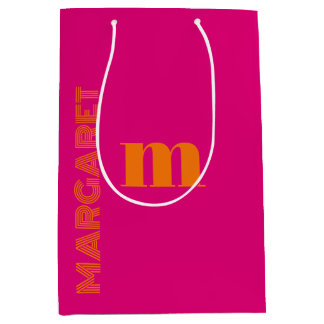 Fuchsia & orange custom initial name modern medium gift bag