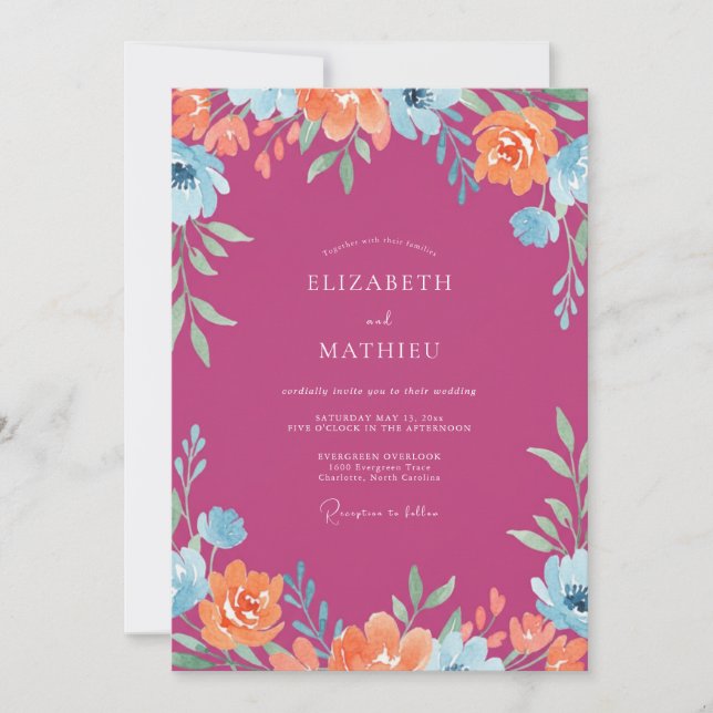 Fuchsia Orange Wildflower Wedding Invitation (Front)