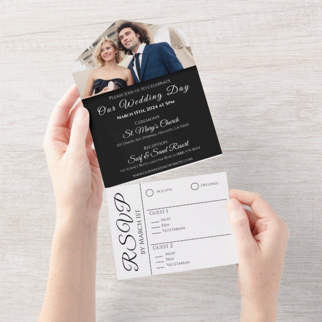 Fuchsia Orchids on Black-Photo Wedding-  All In On All In One Invitation (Tearaway)