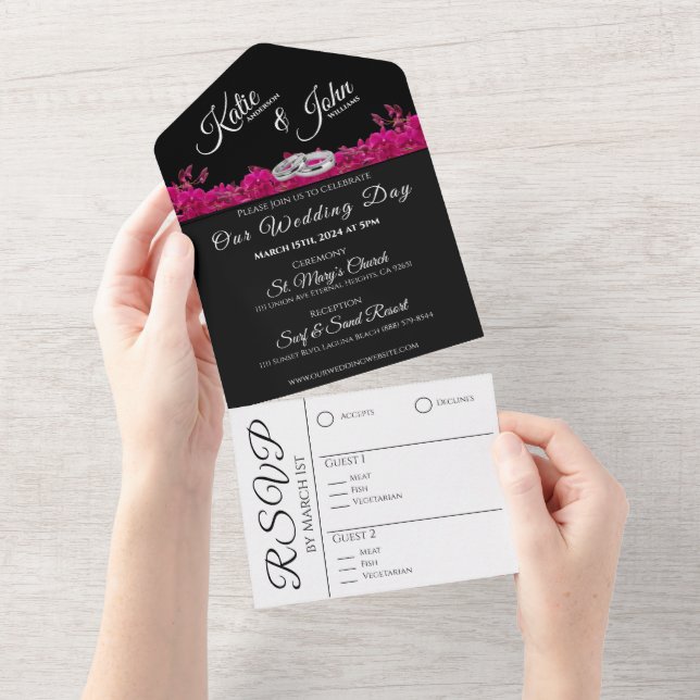 Fuchsia Orchids on Black-Wedding-  All In One Invitation (Tearaway)