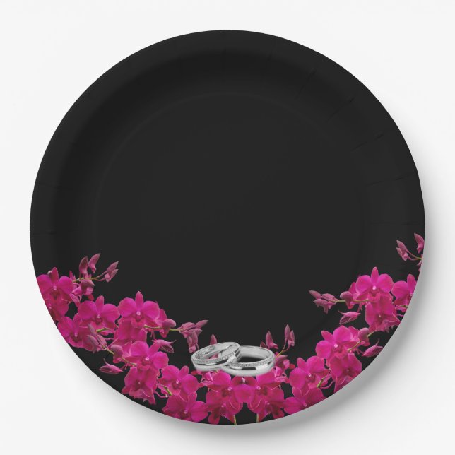 Fuchsia Orchids on Black-Wedding Plates-Rings- Paper Plate (Front)