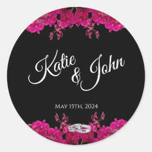 Fuchsia Orchids on Black-Wedding-Rings- Classic Round Sticker