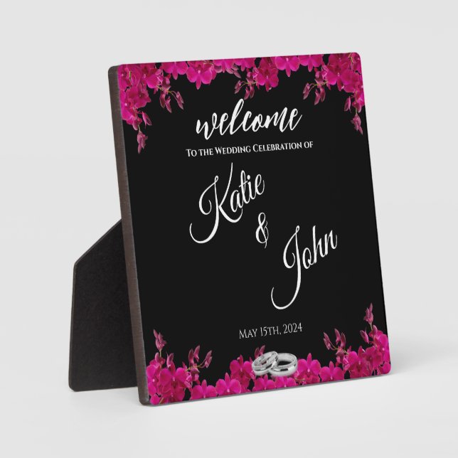Fuchsia Orchids on Black-Wedding-Table Sign- Plaque (Front)