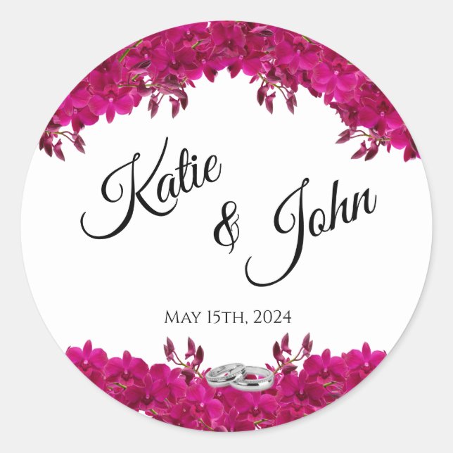Fuchsia Orchids on White-Wedding- Classic Round Sticker (Front)