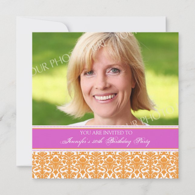 Fuchsia Photo 50th Birthday Party Invitations (Front)