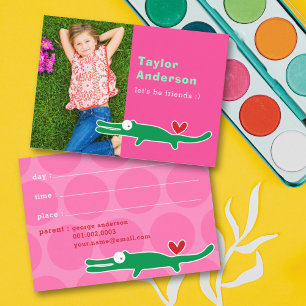 Fuchsia Pink Alligator Cartoon Kids Photo Playdate Calling Card