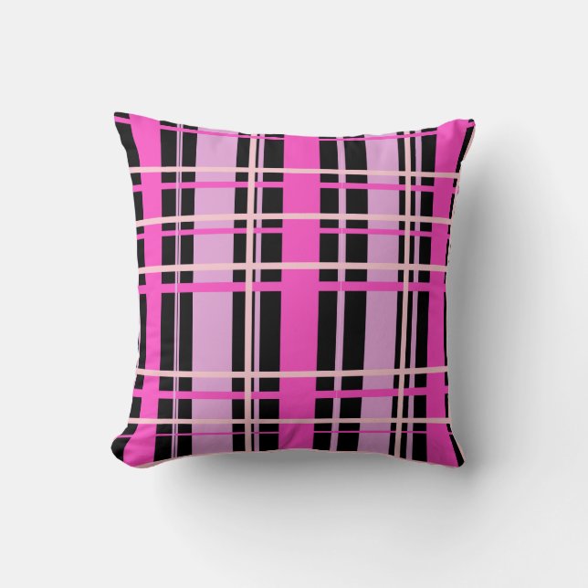 Fuchsia Pink and Black Plaid Throw Pillow (Front)