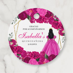 Fuchsia Pink and Gold Floral Quinceanera Circle Favour Tags