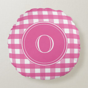 Fuchsia Pink and White Gingham Monogram Round Cushion