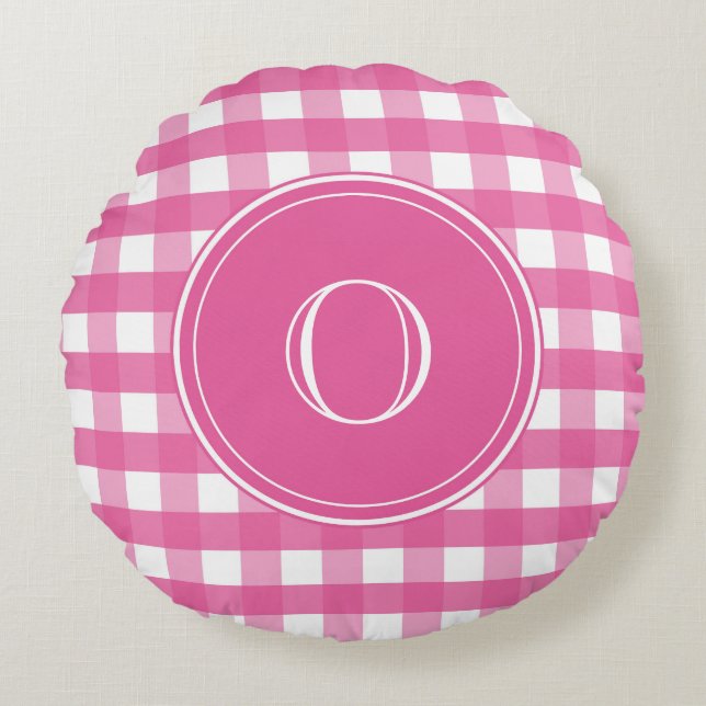 Fuchsia Pink and White Gingham Monogram Round Cushion (Front)