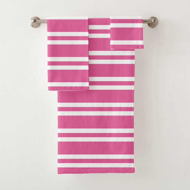 Fuchsia Pink and White Stripes Bath Towel Set (Insitu)