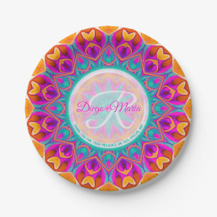 Fuchsia Pink Aqua Orange Party Mandala Monogram Paper Plate