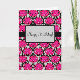 Fuchsia Pink Art Nouveau Damask Happy Birthday Card