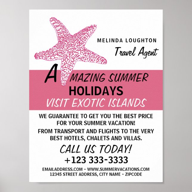 Fuchsia Pink Beach Starfish, Travel Agent Advert Poster (Front)