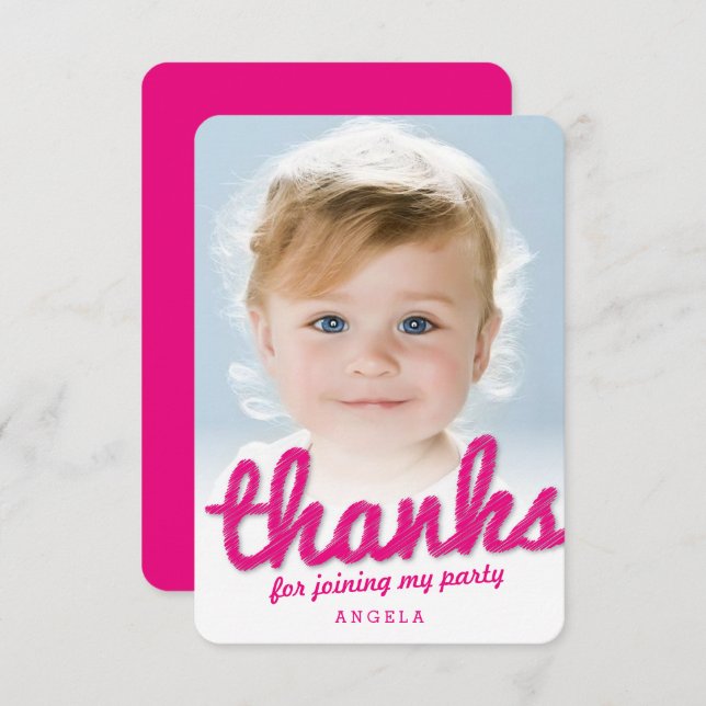 Fuchsia Pink Big Sketch Thanks Kid Birthday Photo  Thank You Card (Front/Back)