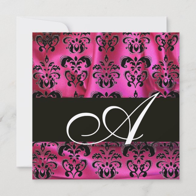 FUCHSIA PINK BLACK DAMASK CLOTH MONOGRAM Champagne Invitation (Front)