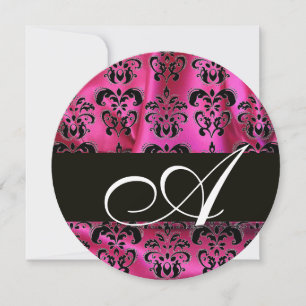 FUCHSIA PINK BLACK DAMASK CLOTH MONOGRAM Circle Invitation