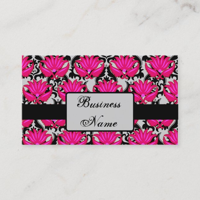 Fuchsia Pink Black Grey Parisian Damask Graphic Business Card (Front)