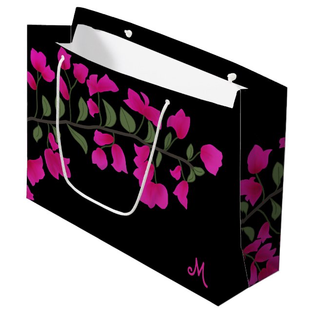 Fuchsia Pink Bougainvillea Monogram Gift Bag (Front Angled)