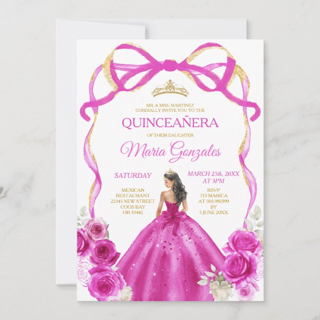 Fuchsia Pink Bow Princess Gold Crown Quinceañera Invitation (Front)