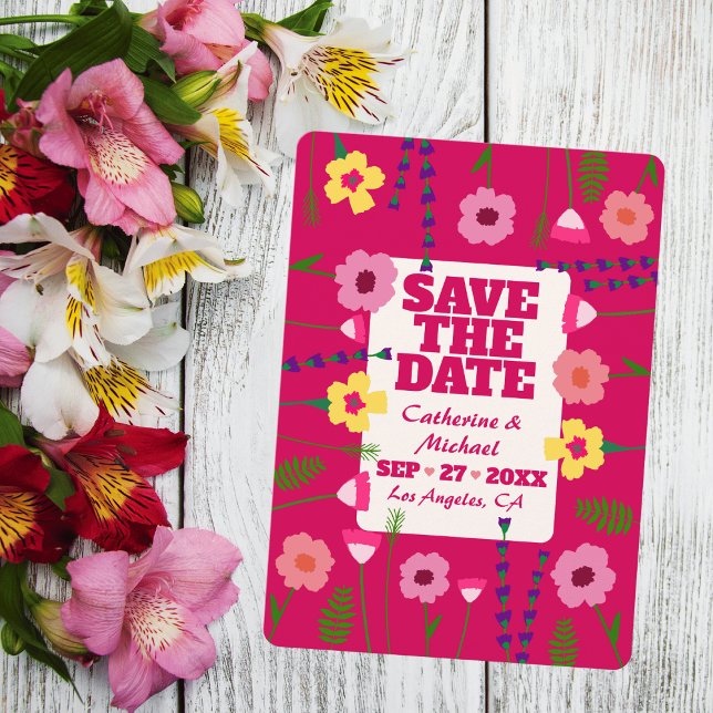 Fuchsia Pink Bright & Bold Colourful Floral QR Cod Save The Date (Creator Uploaded)