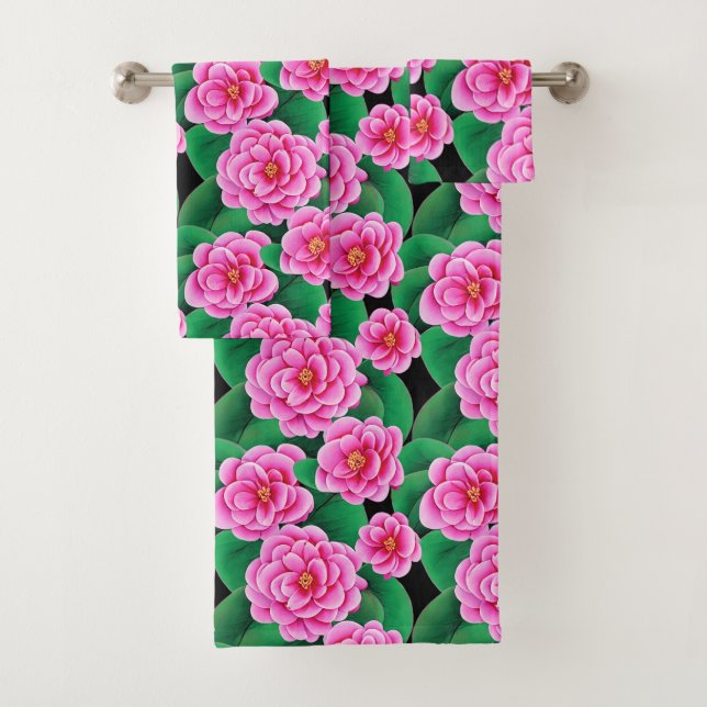Fuchsia Pink Camellias and Jade Green Leaves Bath Towel Set (Insitu)