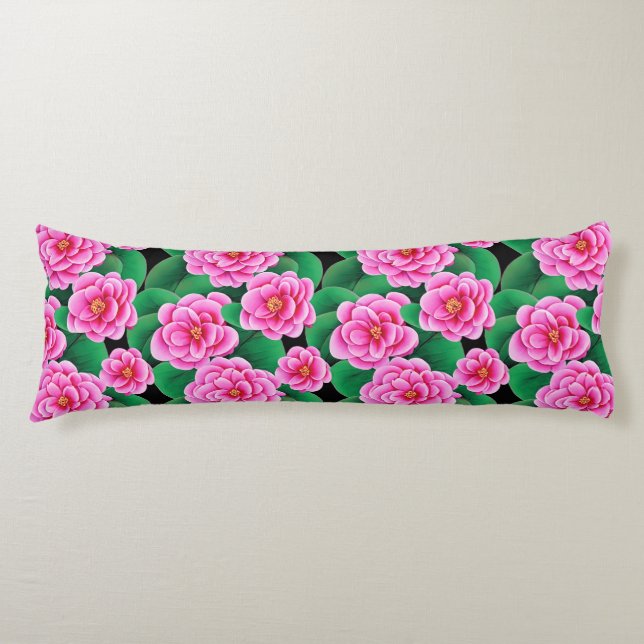 Fuchsia Pink Camellias and Jade Green Leaves Body Cushion (Front)