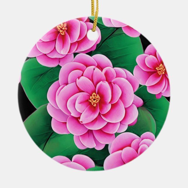 Fuchsia Pink Camellias and Jade Green Leaves Ceramic Ornament (Front)
