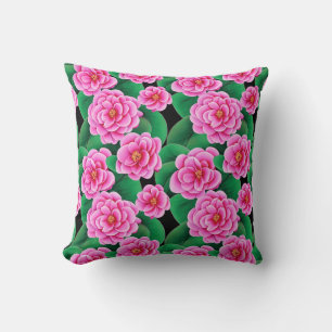 Fuchsia Pink Camellias and Jade Green Leaves Cushion
