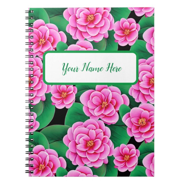 Fuchsia Pink Camellias and Jade Green Leaves Notebook (Front)
