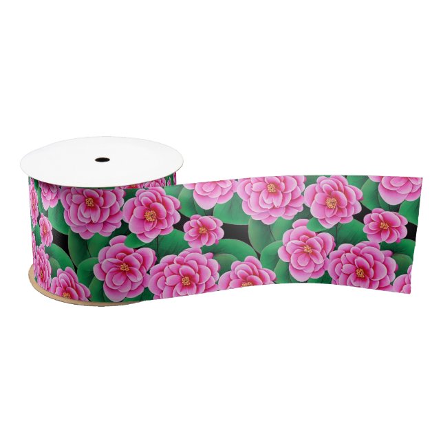 Fuchsia Pink Camellias and Jade Green Leaves Satin Ribbon (Spool)