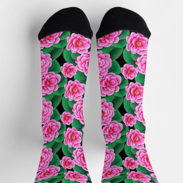 Fuchsia Pink Camellias and Jade Green Leaves Socks (Top)