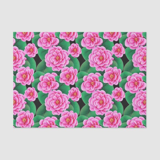 Fuchsia Pink Camellias and Jade Green Leaves Tissue Paper (Front)