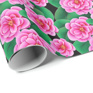 Fuchsia Pink Camellias and Jade Green Leaves Wrapping Paper