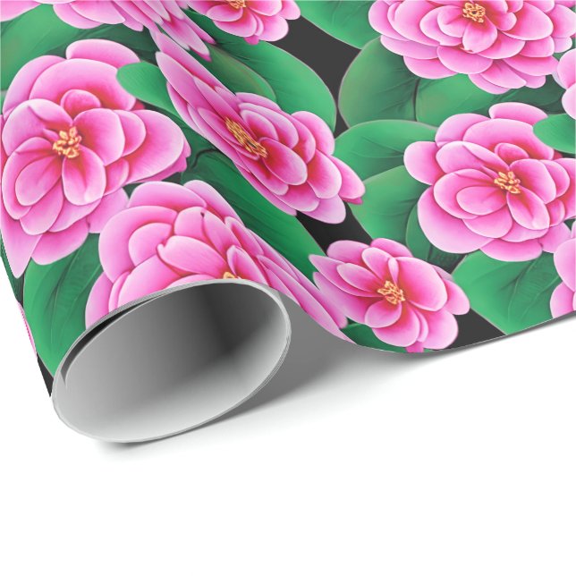 Fuchsia Pink Camellias and Jade Green Leaves Wrapping Paper (Roll Corner)