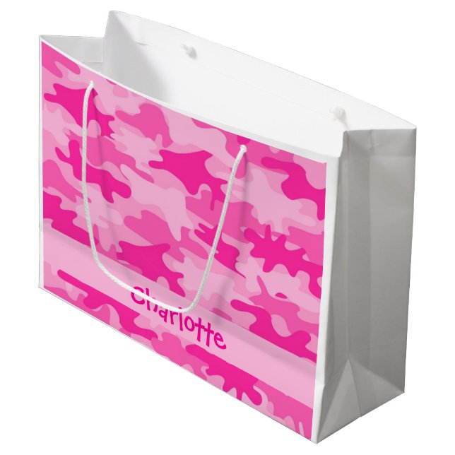 Fuchsia Pink Camouflage Name Personalised Large Gift Bag (Front Angled)