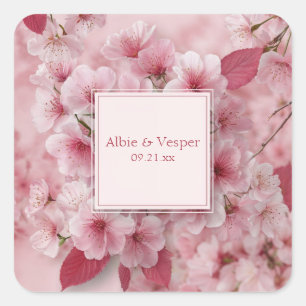Fuchsia Pink Cherry Blossom Rose Gold Wedding Square Sticker