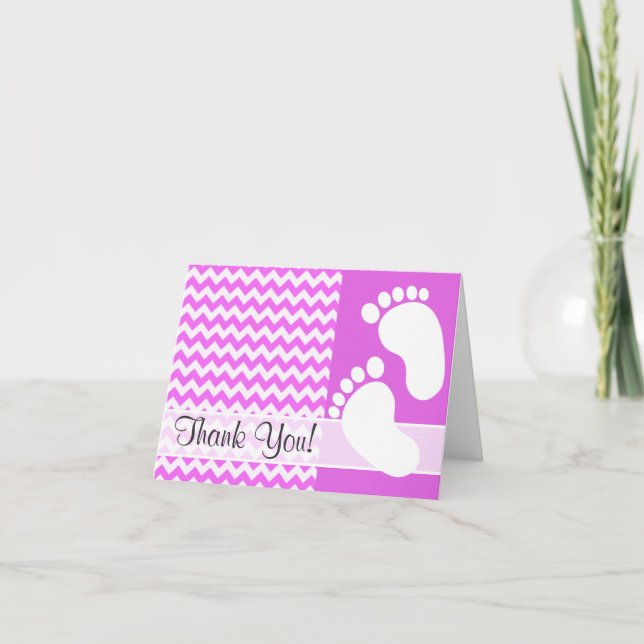 Fuchsia Pink Chevron Stripes Thank You Card (Front)
