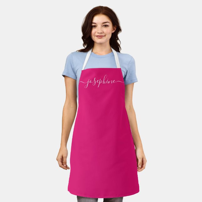 Fuchsia Pink Chic Elegant script Name Apron (Worn)
