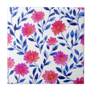 Fuchsia Pink Chic Spring Flowers Watercolor Floral Ceramic Tile