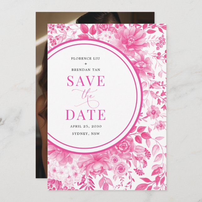 Fuchsia Pink Chinoiserie Wedding Save the Date Invitation (Front/Back)