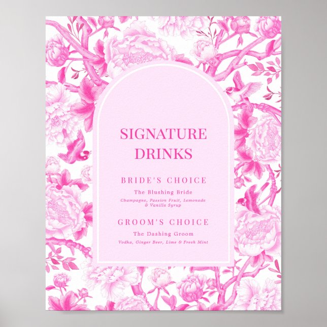 Fuchsia Pink Chinoiserie Wedding Signature Drinks Poster (Front)