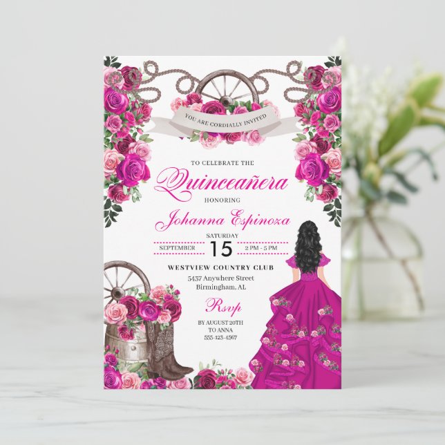 Fuchsia Pink Cowgirl Western Charro Quinceanera Invitation (Standing Front)