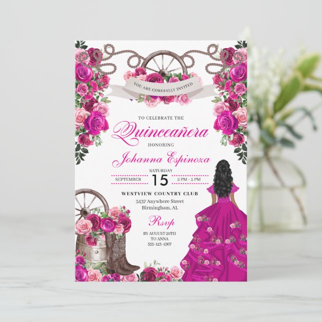 Fuchsia Pink Cowgirl Western Charro Quinceanera Invitation (Standing Front)