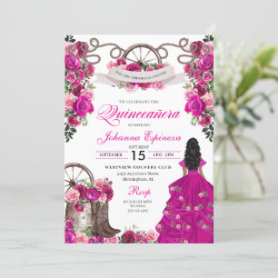 Fuchsia Pink Cowgirl Western Charro Quinceanera Invitation