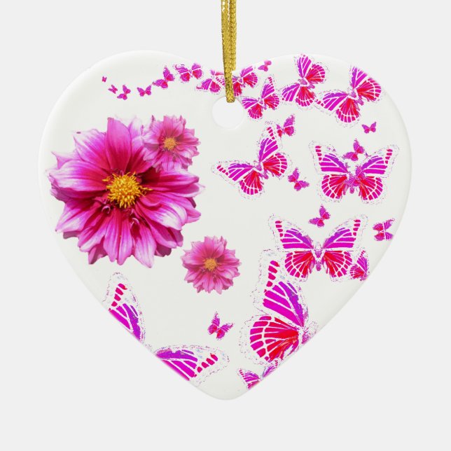 Fuchsia Pink Dahlia's & Butterflies white Pattern Ceramic Tree Decoration (Front)