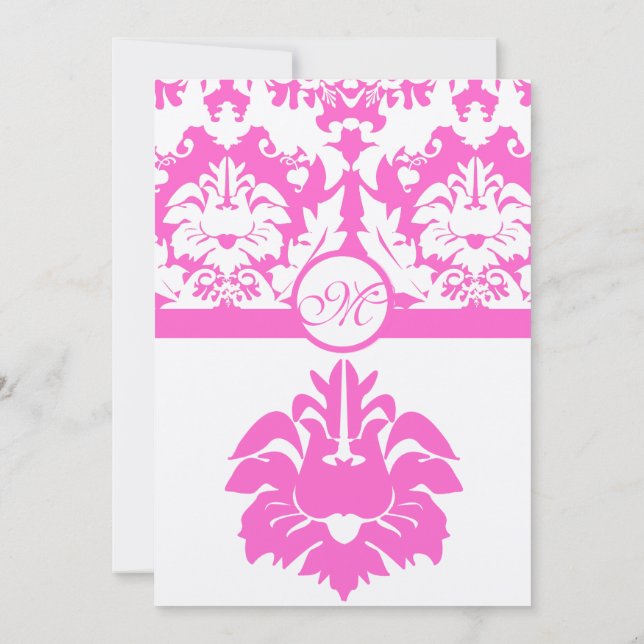 Fuchsia Pink Damask Wedding Invitations (Back)