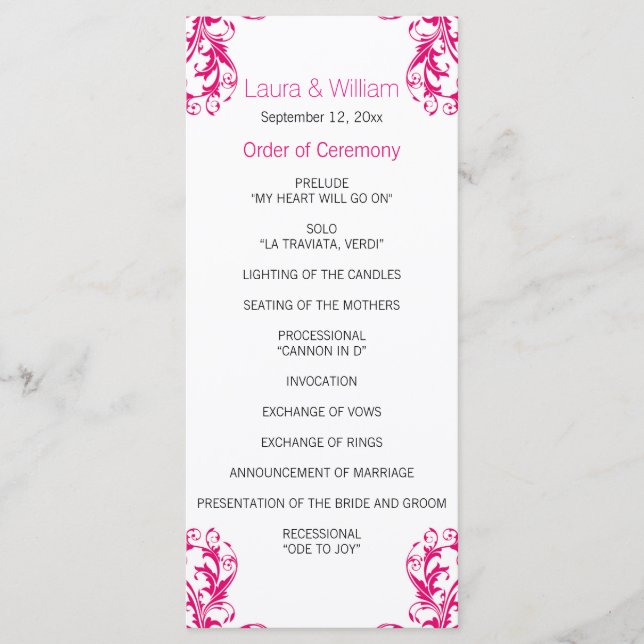 Fuchsia Pink Damask Wedding Program (Front)